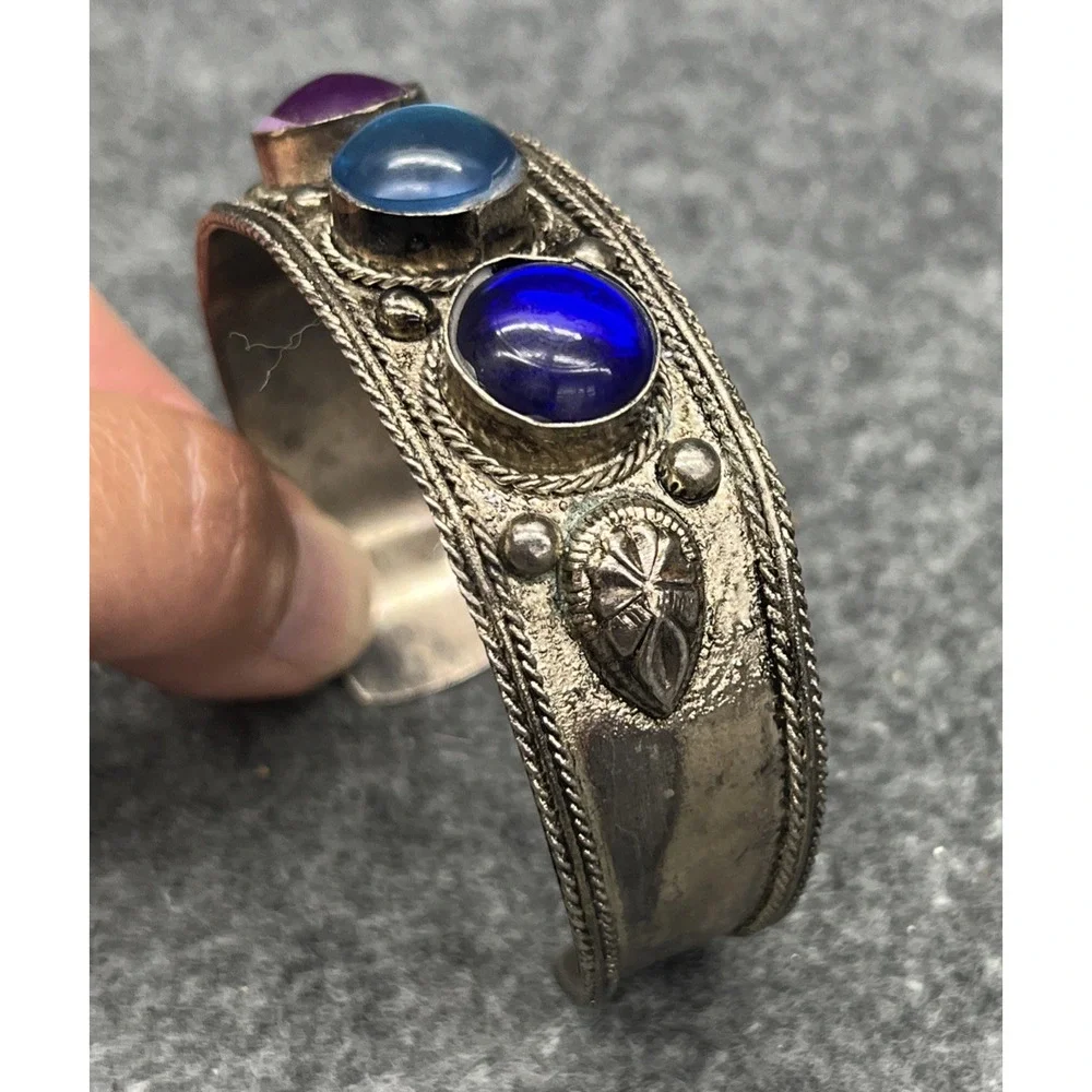 Vintage Tibetan Silver Cuff Bracelet Blue Purple Cabochon Glass Ethnic Bohemian